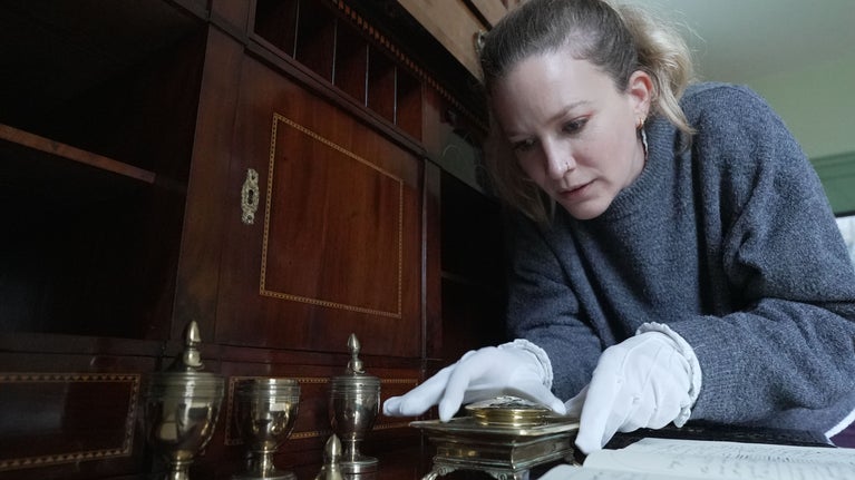 Collection and House Manager Kirsty Mitchell and the Secretaire at Lamb House